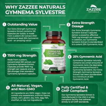 Zazzee Organic Gymnema Sylvestre 25:1 Extract, 7500 mg Strength, 25% Gymnemic Acid, 120 Vegan Capsules, 4 Month Supply, Standardized and Concentrated 25X Extract, All-Natural and Non-GMO