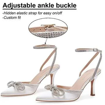 Ainrock Women's Rhinestone Bow Heels Sparkly Wedding Closed Pointed Toe High Sexy Satin Stiletto Ankle Strap Pumps Bridal Dress Heeled Sandals White Size 10