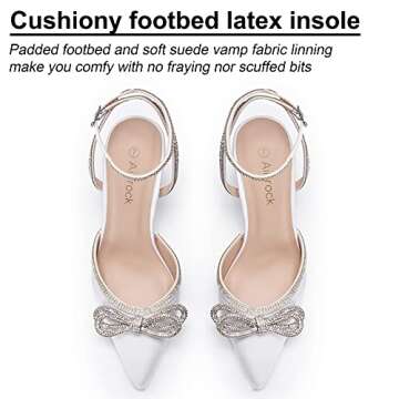 Ainrock Women's Rhinestone Bow Heels Sparkly Wedding Closed Pointed Toe High Sexy Satin Stiletto Ankle Strap Pumps Bridal Dress Heeled Sandals White Size 10