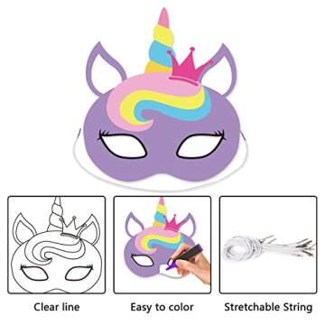 chiazllta 24 Pcs Color Your Own Unicorn Mask DIY Rainbow Unicorn Paper Mask Craft Kits for Kids Unicorn Party Favors Decorations Class Home Activity Coloring Game for Girls Toddlers