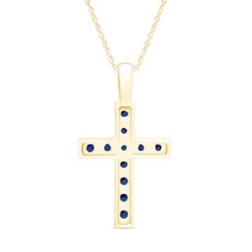 AFFY Round Cut Simulated Blue Sapphire Cross Pendant Necklace in 14k Yellow Gold Over Sterling Silver
