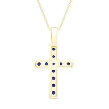 AFFY Round Cut Simulated Blue Sapphire Cross Pendant Necklace in 14k Yellow Gold Over Sterling Silver