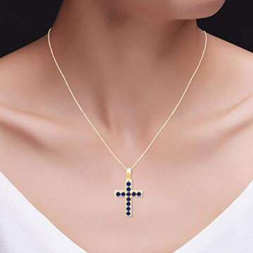AFFY Round Cut Simulated Blue Sapphire Cross Pendant Necklace in 14k Yellow Gold Over Sterling Silver
