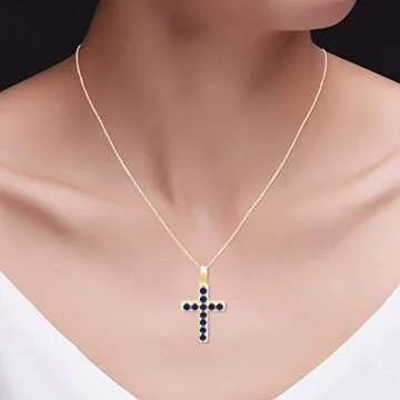 AFFY Round Cut Simulated Blue Sapphire Cross Pendant Necklace in 14k Yellow Gold Over Sterling Silver