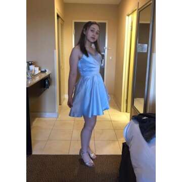 Dymaisei Spaghetti Strap Homecoming Dresses A Line Satin Short Prom Dresses V Neck Mini Formal Party Gown Size 12 White