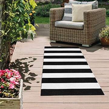 Sungea Farmhouse Black and White Striped Rug, 2' x 4.3' Cotton Runner Rug Wide Stripe Door Mat Outdo...