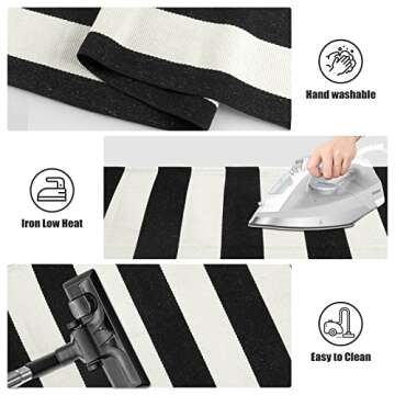Sungea Farmhouse Black and White Striped Rug, 2' x 4.3' Cotton Runner Rug Wide Stripe Door Mat Outdoor Front Porch Rug Woven Floor Carpet for Entryway Hallway Laundry Room Shoes Storage Bench