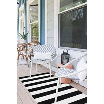 Sungea Farmhouse Black and White Striped Rug, 2' x 4.3' Cotton Runner Rug Wide Stripe Door Mat Outdoor Front Porch Rug Woven Floor Carpet for Entryway Hallway Laundry Room Shoes Storage Bench