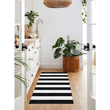Sungea Farmhouse Black and White Striped Rug, 2' x 4.3' Cotton Runner Rug Wide Stripe Door Mat Outdoor Front Porch Rug Woven Floor Carpet for Entryway Hallway Laundry Room Shoes Storage Bench