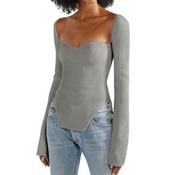 ACOSAP Women's Square Neck Ribbed Knitted Sweater Long Sleeve Crop Slim Fitted Basic Pullover Tops G...