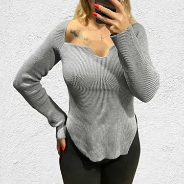 Stylish ACOSAP Women's Square Neck Ribbed Sweater Top