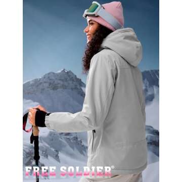 FREE SOLDIER Women's Waterproof Ski Snow Jacket Fleece Lined Warm Winter Rain Jacket with Hood Fully Taped Seams(Light Gray,L)