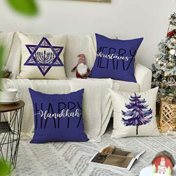 AVOIN colorlife Merry Christmas Happy Hanukkah Throw Pillow Covers, 18 x 18 Inch Holiday Tree Cushion Case for Sofa Couch Set of 4