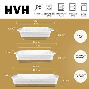 HVH Baking Dish Set, 9x13 Baking Dish, Large Casserole Dish Set, Ceramic Lasagne Pan Deep, Baking Dishes for Casseroles 13 x 9, Ceramic Bakeware Set of 3, Farmhouse Style (White)