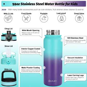 Oldley Insulated Water Bottle with Straw 20oz Stainless Steel Water Bottles with 3 lids Double-Wall Vacuum Thermal for Kids Adults School Sports, A-Green-purple