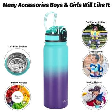 Oldley Insulated Water Bottle with Straw 20oz Stainless Steel Water Bottles with 3 lids Double-Wall Vacuum Thermal for Kids Adults School Sports, A-Green-purple