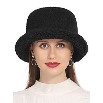 Rulala Fancy Women's Faux Fur Bucket Hat Teddy Style Cloche Hat Winter Furry Warm Fisherman Cap(Black)