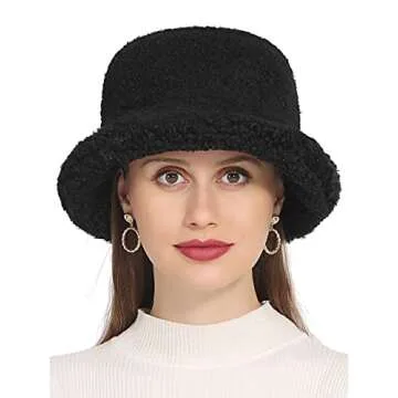Rulala Fancy Women's Faux Fur Bucket Hat Teddy Style Cloche Hat Winter Furry Warm Fisherman Cap(Black)