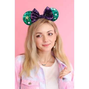 WOVOWOVO Mouse Ears Headbands for Women Girls Sparkle Purple Bow Hairbands Christmas New Year Cospla...