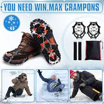WIN.MAX Crampons for Shoes, Traction Cleats Ice Snow Grips with 19 Stainless Steel Spikes, Shoe Talons Anti - Slip Boots Spikes for Walking, Jogging, Climbing and Hiking (Black, XL)