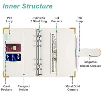 Rnivvi Budget Binder with Zipper Envelopes, A6 Money Saving Binder Cash Envelopes for Budgeting, PU Leather Planner Money Organizer for Cash Bills, Cute Boho System Wallet for Women, Abstract Leaves