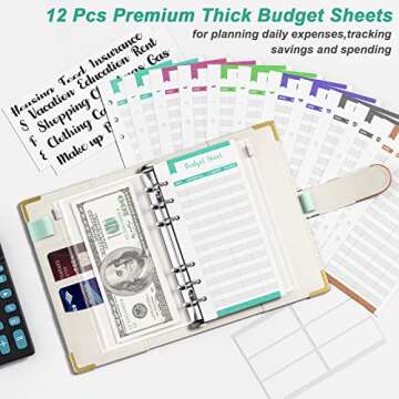 Rnivvi Budget Binder with Zipper Envelopes, A6 Money Saving Binder Cash Envelopes for Budgeting, PU Leather Planner Money Organizer for Cash Bills, Cute Boho System Wallet for Women, Abstract Leaves