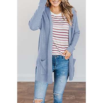PIIRESO Women's Open Front Waffle Knit Cardigan Sweater Long Sleeve Loose Outwear with Pockets,LightBlue,Small