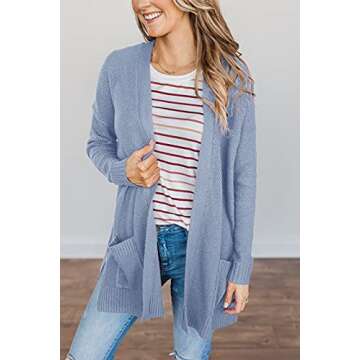 PIIRESO Women's Open Front Waffle Knit Cardigan Sweater Long Sleeve Loose Outwear with Pockets,LightBlue,Small