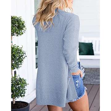 PIIRESO Women's Open Front Waffle Knit Cardigan Sweater Long Sleeve Loose Outwear with Pockets,LightBlue,Small