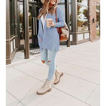 PIIRESO Women's Open Front Waffle Knit Cardigan Sweater Long Sleeve Loose Outwear with Pockets,LightBlue,Small