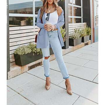 PIIRESO Women's Open Front Waffle Knit Cardigan Sweater Long Sleeve Loose Outwear with Pockets,LightBlue,Small