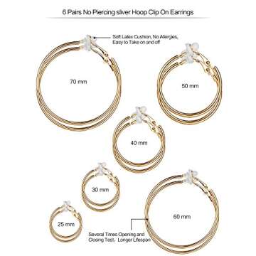 Sumind 6 Pairs Clip on Hoop Earrings Hoop Gold Earrings Non Piercing Earrings Set for Women, 6 Sizes
