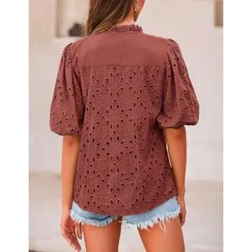 PRETTYGARDEN Women's Summer Tops Dressy Casual Short Lantern Sleeve V Neck Buttons Hollow Out Lace E...