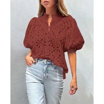 PRETTYGARDEN Women's Summer Tops Dressy Casual Short Lantern Sleeve V Neck Buttons Hollow Out Lace Embroidered Blouses Shirts (Brown Red,Medium)
