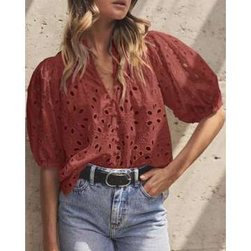 PRETTYGARDEN Women's Summer Tops Dressy Casual Short Lantern Sleeve V Neck Buttons Hollow Out Lace Embroidered Blouses Shirts (Brown Red,Medium)