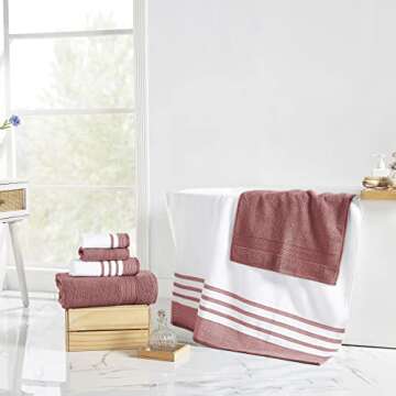 Modern Threads 6 Piece Set, 2 Bath Towels, 2 Hand Towels, 2 Washcloths, Quick Dry White/Contrast Rei...