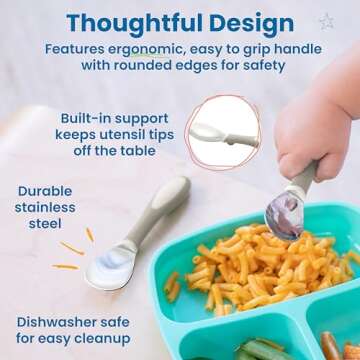 ECR4Kids My First Meal Pal Stainless Steel Spoons, Toddler Silverware, White, Light Grey, 3-Pack