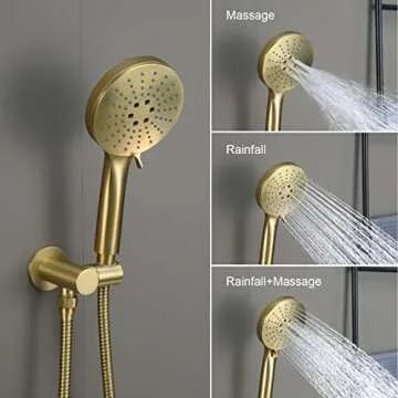 Iriber Shower System Wall Mounted Shower Faucet Mixer Set with Luxury High Pressure Shower head and 3-Setting Handheld, Bathroom Shower Trim Kit Contain Pressure Balance Valve,Brushed Gold