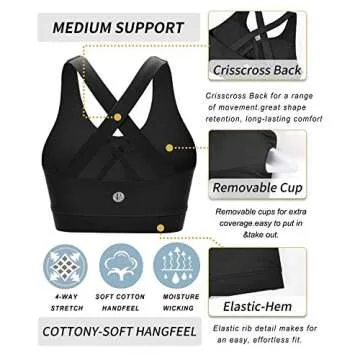 RUNNING GIRL Sports Bra for Women, Criss-Cross Back Padded Strappy Sports Bras Medium Support Yoga Bra with Removable Cups A-Black