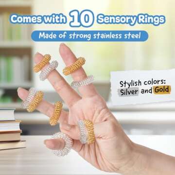 IMPRESA 10 Pack Spiky Sensory Finger Rings, Silver and Gold Acupressure Fidget for Adults and Kids with Attention Disorders, OCD, Anxiety – 2 Color Sensory Rings