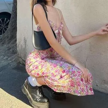 Boho Floral Long Dress for Women Y2k Spaghetti Strap Bodycon Long Dress Flower Print Party Dress (06-Floral, Medium)