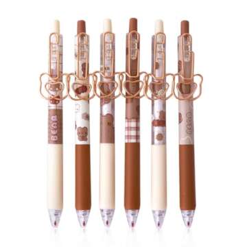 UIXJODO Cute Bear Pens, 6 Pcs, 0.5mm Black Ink, Smooth Writing, Retractable, Wax Protection, Classic Design