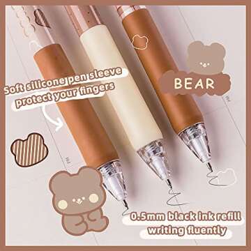 UIXJODO Cute Bear Pens, 6 Pcs, 0.5mm Black Ink, Smooth Writing, Retractable, Wax Protection, Classic Design