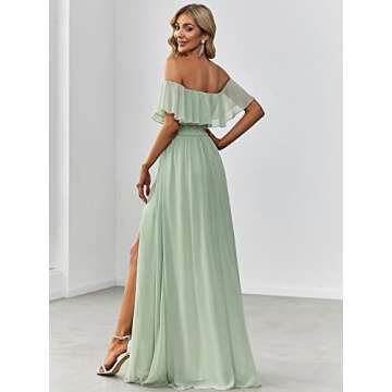 Ever-Pretty Women's Elegant Off The Shoulder Side Split High Waist Flowy Chiffon Maxi Bridesmaid Dre...
