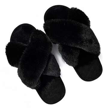 Metog Women's Fuzzy Slippers House Slippers Cross Band Slippers Indoor Outdoor Soft Plush on Open Toe Slippers, Black, 11-12 Women