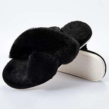 Metog Women's Fuzzy Slippers House Slippers Cross Band Slippers Indoor Outdoor Soft Plush on Open Toe Slippers, Black, 11-12 Women