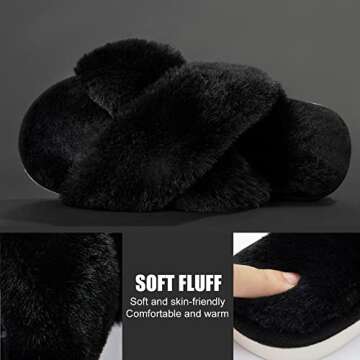 Metog Women's Fuzzy Slippers House Slippers Cross Band Slippers Indoor Outdoor Soft Plush on Open Toe Slippers, Black, 11-12 Women