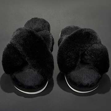 Metog Women's Fuzzy Slippers House Slippers Cross Band Slippers Indoor Outdoor Soft Plush on Open Toe Slippers, Black, 11-12 Women