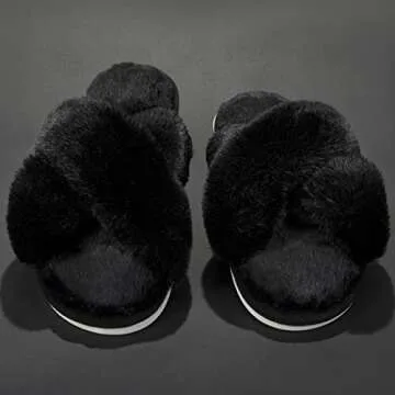 Metog Women's Fuzzy Slippers House Slippers Cross Band Slippers Indoor Outdoor Soft Plush on Open Toe Slippers, Black, 11-12 Women