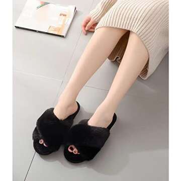 Metog Women's Fuzzy Slippers House Slippers Cross Band Slippers Indoor Outdoor Soft Plush on Open Toe Slippers, Black, 11-12 Women